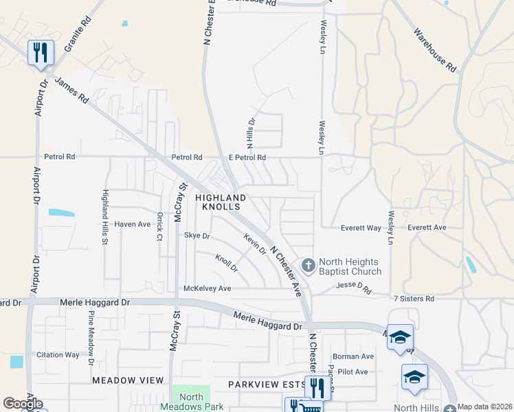 map of restaurants, bars, coffee shops, grocery stores, and more near 59 Eagle Lane in Bakersfield