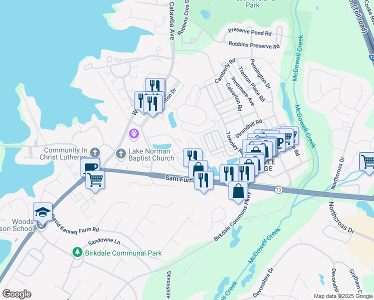 map of restaurants, bars, coffee shops, grocery stores, and more near 8438 Strathburn Court in Huntersville