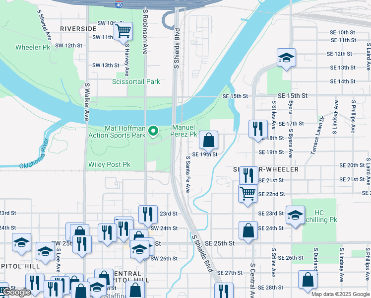 map of restaurants, bars, coffee shops, grocery stores, and more near 1810 South Santa Fe Avenue in Oklahoma City