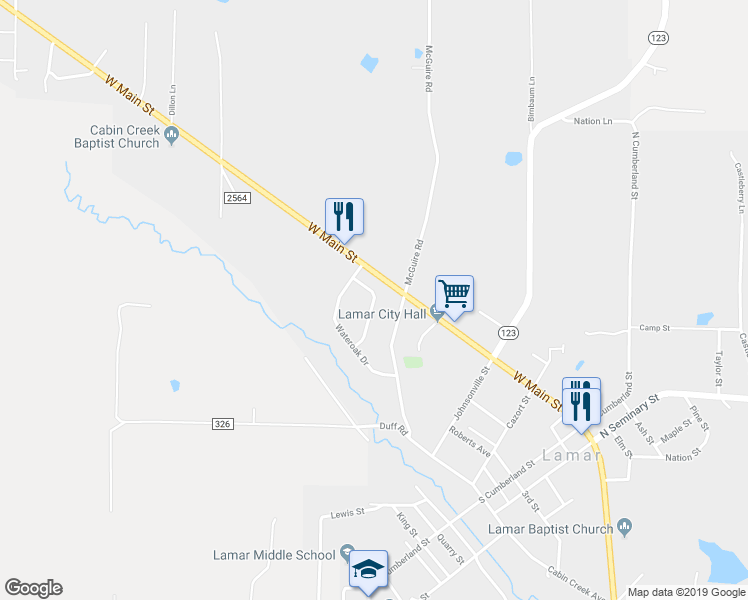 map of restaurants, bars, coffee shops, grocery stores, and more near 314 Cherokee Drive in Lamar