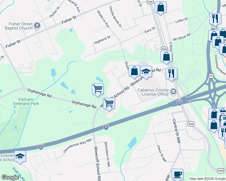 map of restaurants, bars, coffee shops, grocery stores, and more near 2910 Linker Avenue in Concord