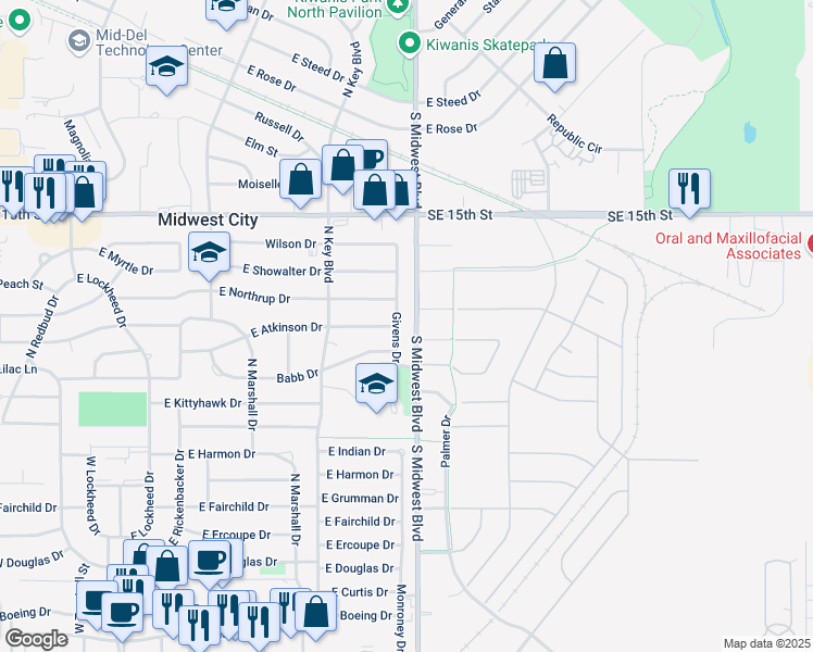 map of restaurants, bars, coffee shops, grocery stores, and more near 1238 Givens Drive in Midwest City