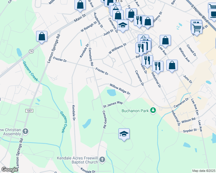 map of restaurants, bars, coffee shops, grocery stores, and more near 124 Willowridge Drive in Sanford