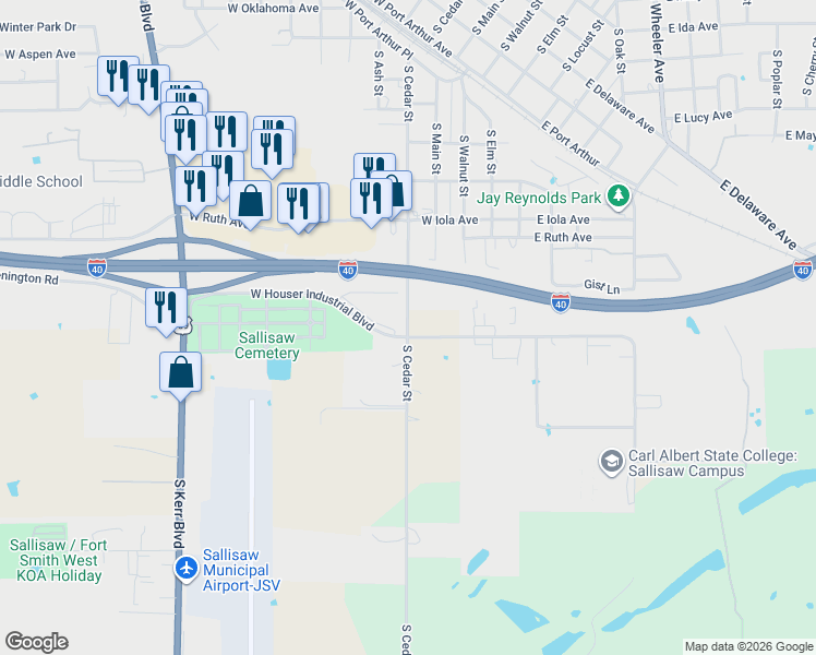 map of restaurants, bars, coffee shops, grocery stores, and more near S Cedar St in Sallisaw