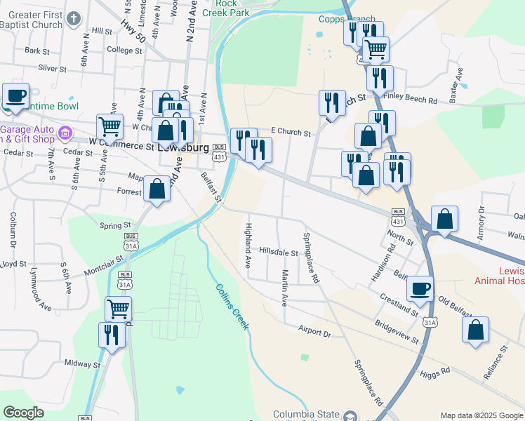 map of restaurants, bars, coffee shops, grocery stores, and more near 318 Belfast Street in Lewisburg