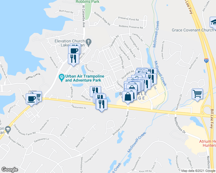 map of restaurants, bars, coffee shops, grocery stores, and more near 17303 Villanova Road in Huntersville