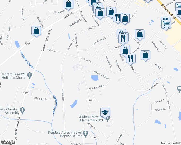 map of restaurants, bars, coffee shops, grocery stores, and more near 120 Willowridge Drive in Sanford