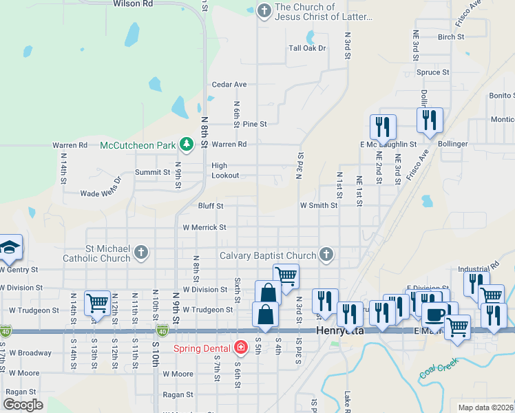 map of restaurants, bars, coffee shops, grocery stores, and more near 601 North 4th Street in Henryetta