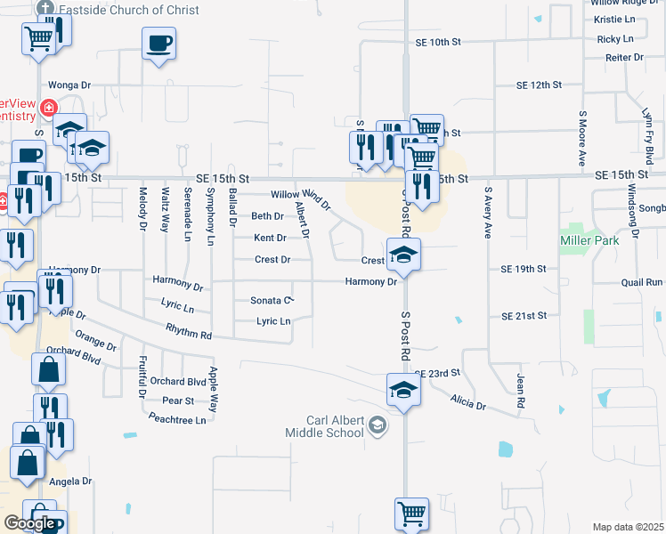 map of restaurants, bars, coffee shops, grocery stores, and more near 9829 Crest Drive in Midwest City