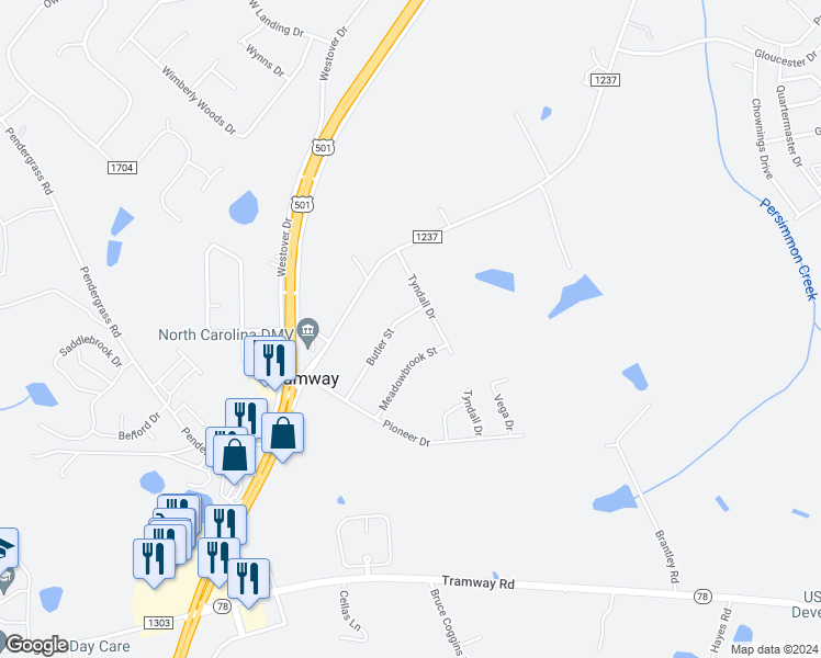 map of restaurants, bars, coffee shops, grocery stores, and more near 1705 Butler Street in Sanford