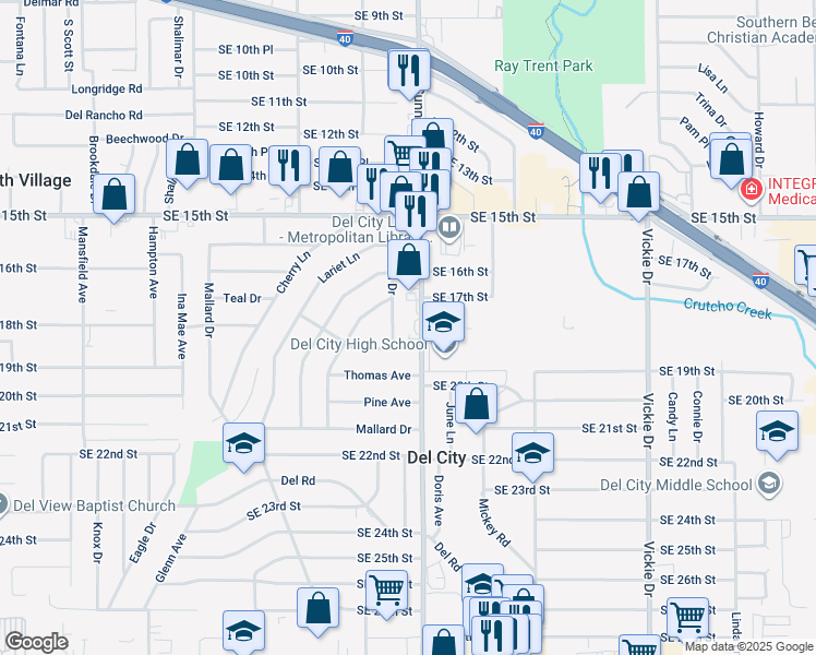 map of restaurants, bars, coffee shops, grocery stores, and more near 1817 South Sunnylane Road in Del City