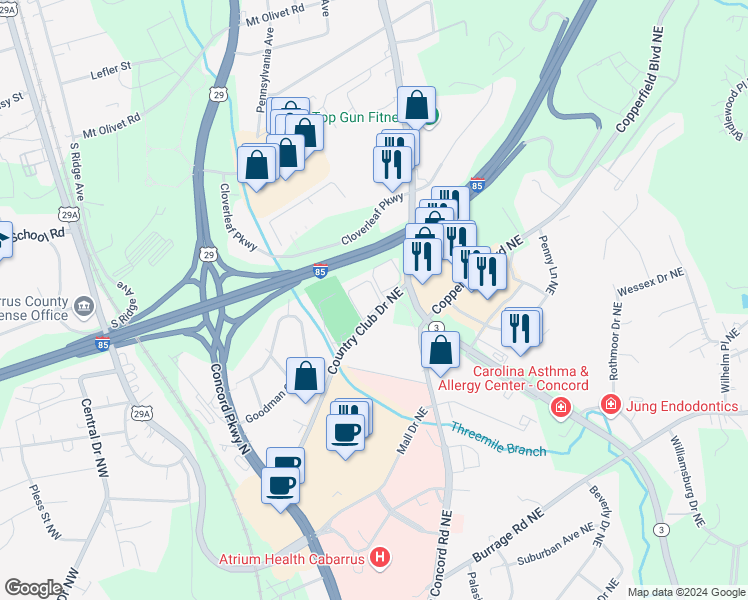 map of restaurants, bars, coffee shops, grocery stores, and more near 9 Country Club Drive Northeast in Concord