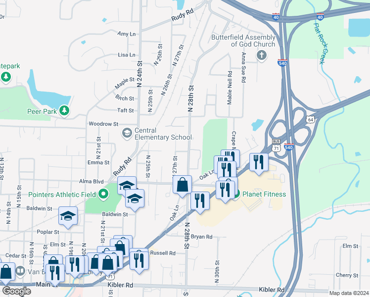 map of restaurants, bars, coffee shops, grocery stores, and more near 907 North 28th Street in Van Buren