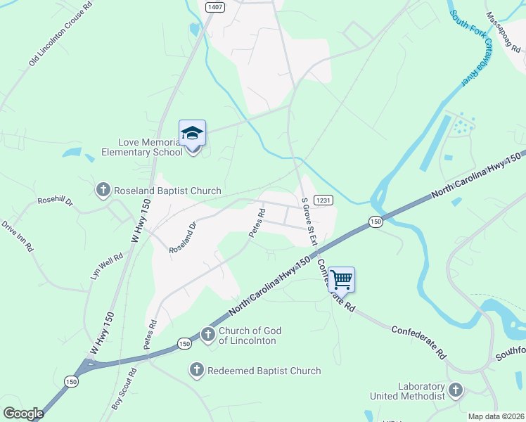 map of restaurants, bars, coffee shops, grocery stores, and more near 1477 Roseland Drive in Lincolnton