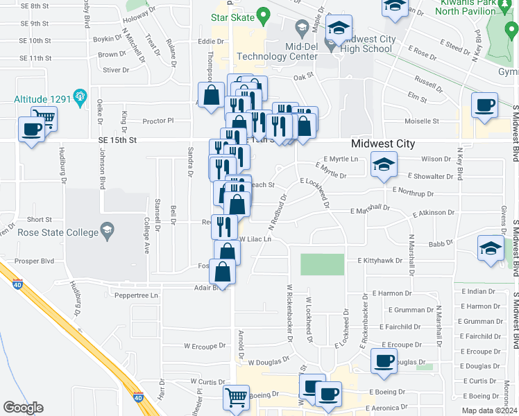 map of restaurants, bars, coffee shops, grocery stores, and more near 314 West Mimosa Drive in Midwest City