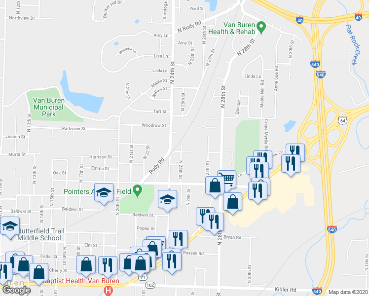map of restaurants, bars, coffee shops, grocery stores, and more near 900 Teddy Street in Van Buren