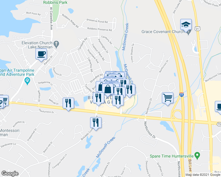 map of restaurants, bars, coffee shops, grocery stores, and more near 8630 Lindholm Drive in Huntersville