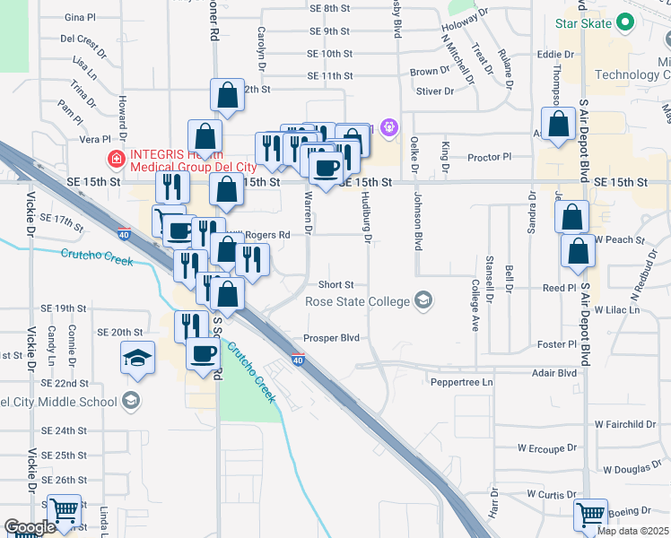 map of restaurants, bars, coffee shops, grocery stores, and more near 1914 Christie Drive in Midwest City