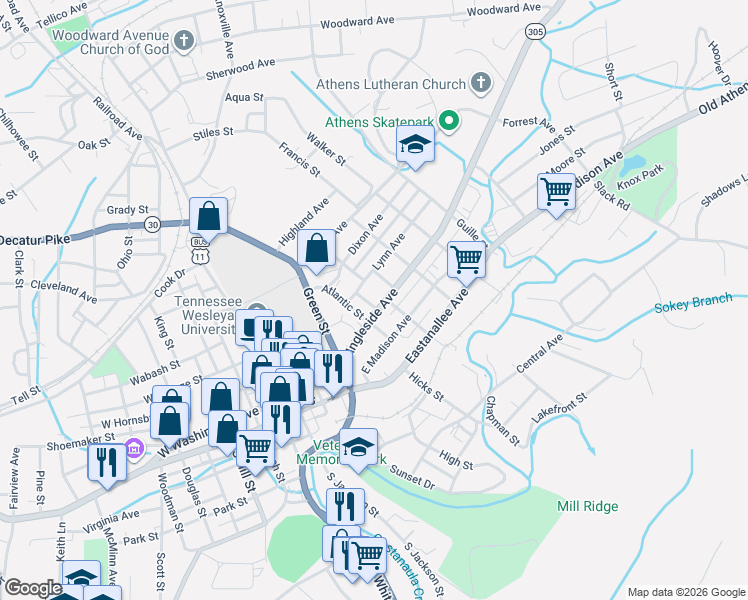 map of restaurants, bars, coffee shops, grocery stores, and more near 109 Ada Street in Athens