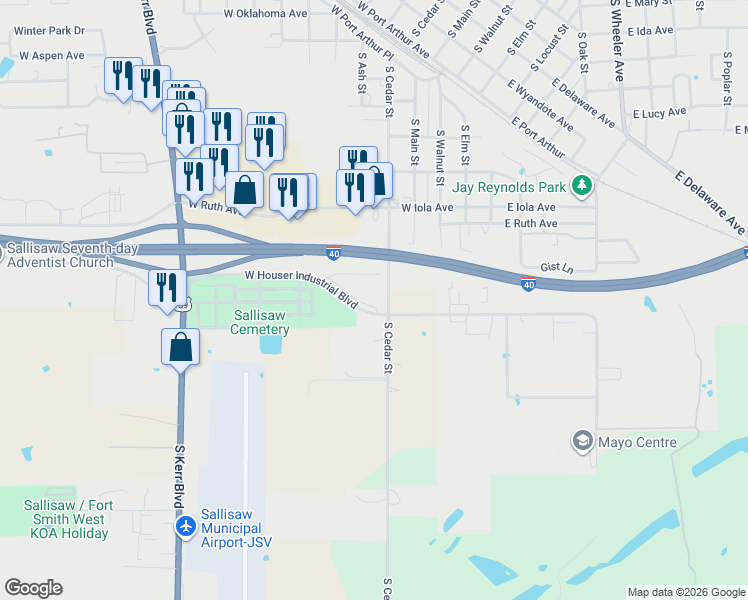map of restaurants, bars, coffee shops, grocery stores, and more near 603 East Houser Avenue in Sallisaw