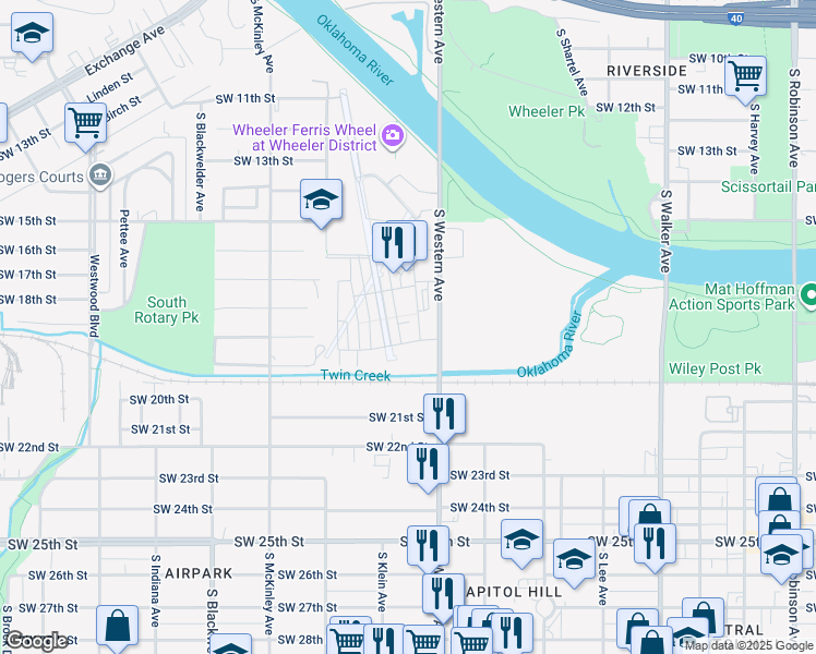 map of restaurants, bars, coffee shops, grocery stores, and more near 932 Pedalers Lane in Oklahoma City
