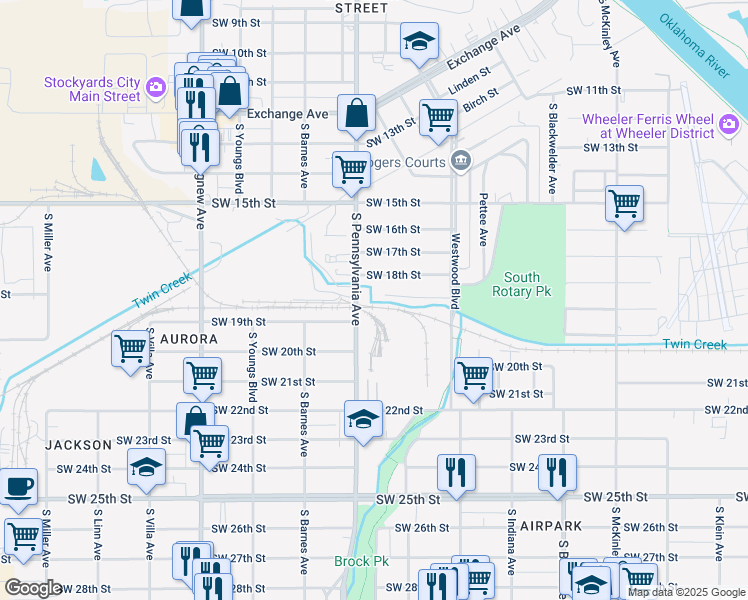 map of restaurants, bars, coffee shops, grocery stores, and more near 1805 Southwest 19th Street in Oklahoma City