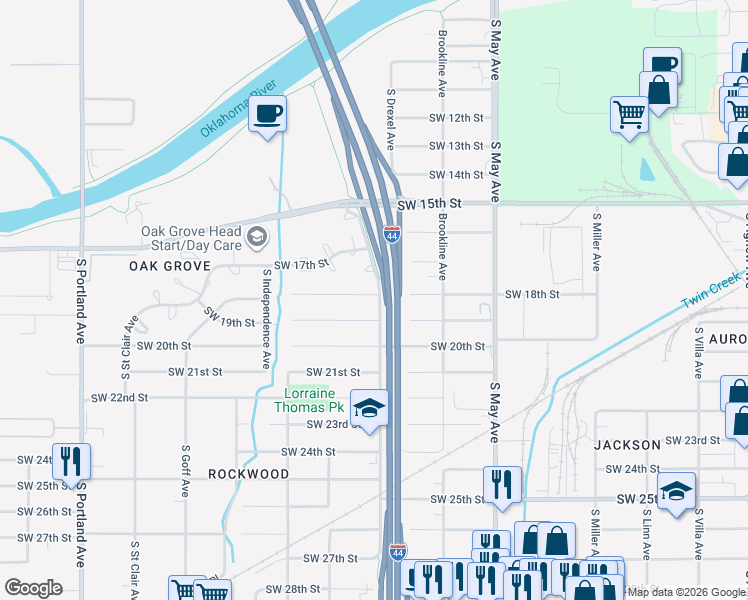map of restaurants, bars, coffee shops, grocery stores, and more near 1908 South Grand Boulevard in Oklahoma City