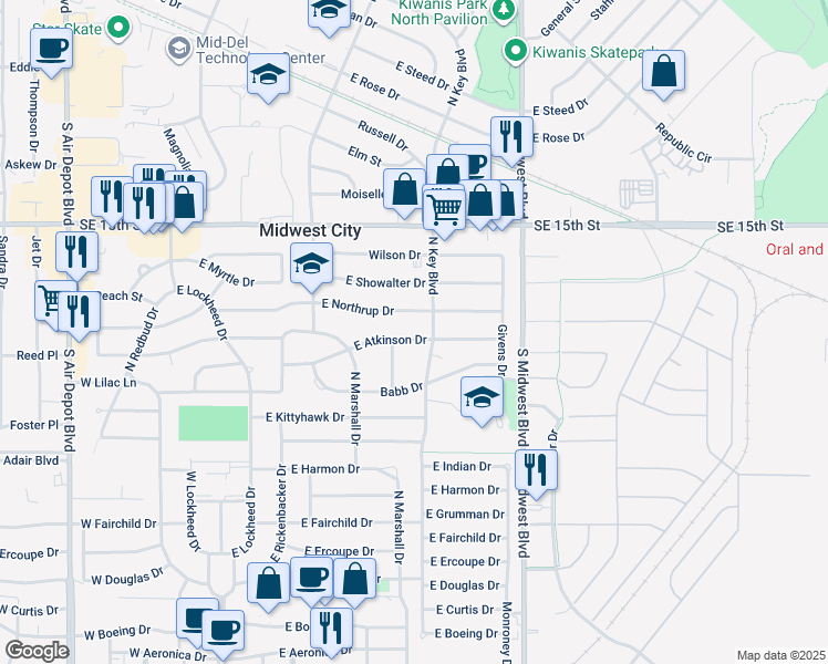 map of restaurants, bars, coffee shops, grocery stores, and more near 419 East Atkinson Drive in Midwest City