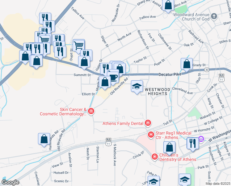 map of restaurants, bars, coffee shops, grocery stores, and more near 602 Old Riceville Road in Athens
