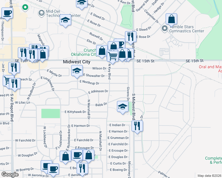 map of restaurants, bars, coffee shops, grocery stores, and more near 501 East Atkinson Drive in Midwest City