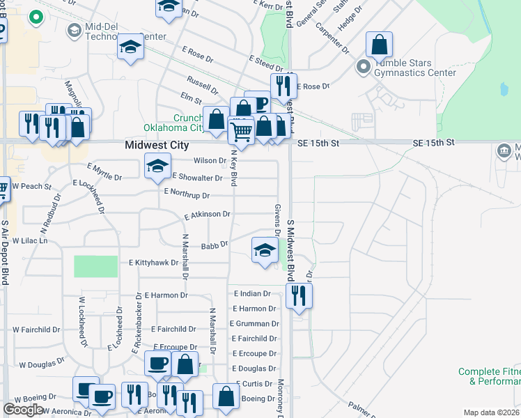 map of restaurants, bars, coffee shops, grocery stores, and more near 529 East Atkinson Drive in Midwest City