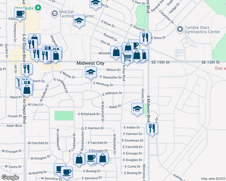 map of restaurants, bars, coffee shops, grocery stores, and more near 411 East Atkinson Drive in Midwest City