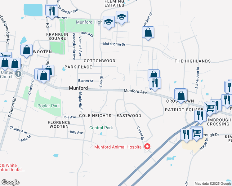 map of restaurants, bars, coffee shops, grocery stores, and more near 757 Munford Avenue in Munford