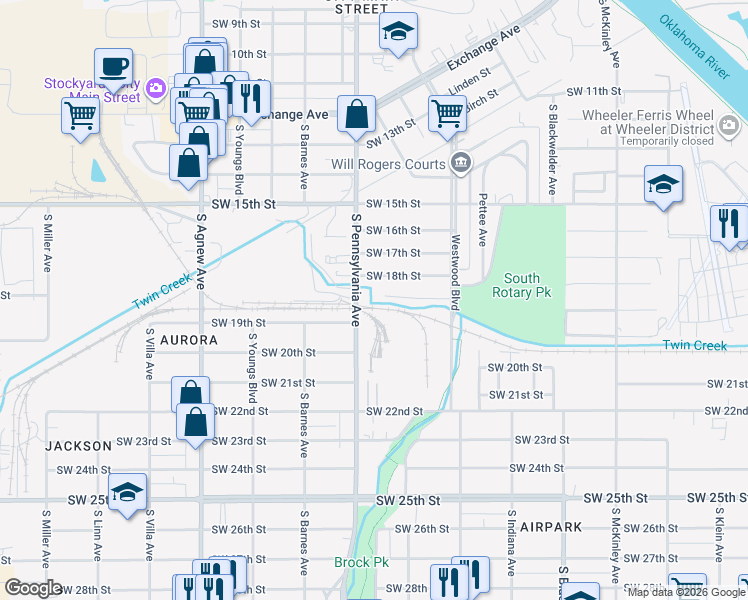 map of restaurants, bars, coffee shops, grocery stores, and more near 1805 Southwest 19th Street in Oklahoma City