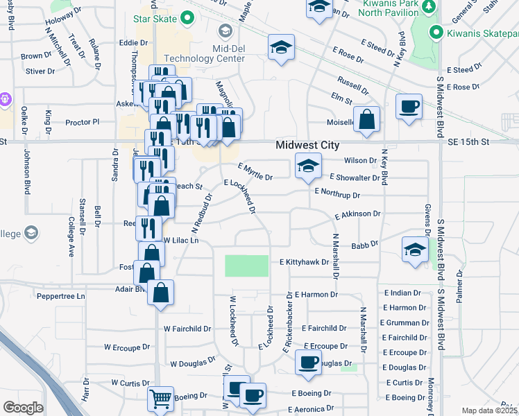 map of restaurants, bars, coffee shops, grocery stores, and more near 105 East Marshall Drive in Midwest City