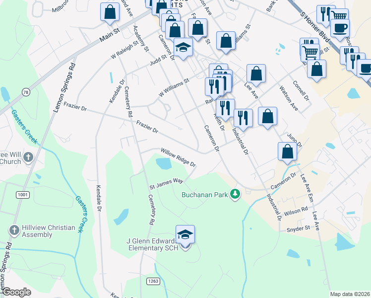 map of restaurants, bars, coffee shops, grocery stores, and more near 409 Frazier Drive in Sanford
