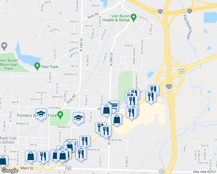 map of restaurants, bars, coffee shops, grocery stores, and more near 907 North 28th Street in Van Buren