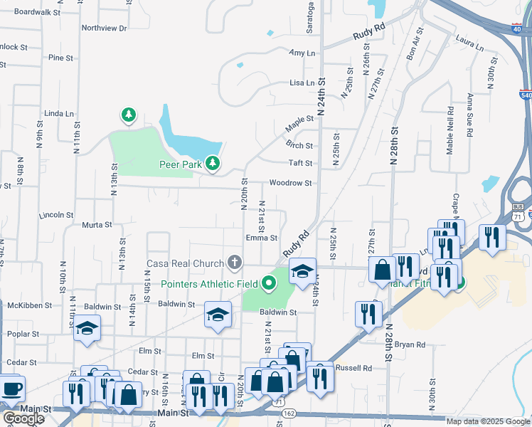 map of restaurants, bars, coffee shops, grocery stores, and more near 824 North 21st Street in Van Buren