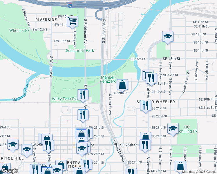 map of restaurants, bars, coffee shops, grocery stores, and more near 1915 South Santa Fe Avenue in Oklahoma City