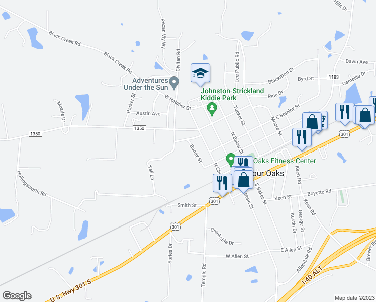 map of restaurants, bars, coffee shops, grocery stores, and more near 415 Bandy Street in Four Oaks