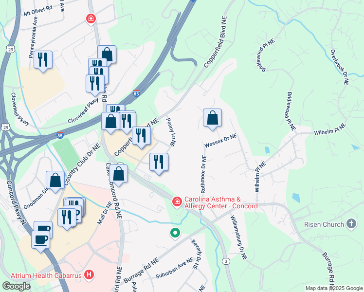 map of restaurants, bars, coffee shops, grocery stores, and more near 821 Rothmoor Drive Northeast in Concord