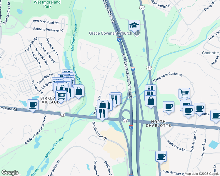 map of restaurants, bars, coffee shops, grocery stores, and more near 16938 Landings Drive in Huntersville
