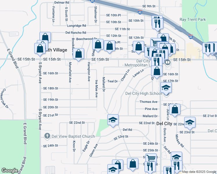 map of restaurants, bars, coffee shops, grocery stores, and more near 3621 Mistletoe Avenue in Del City