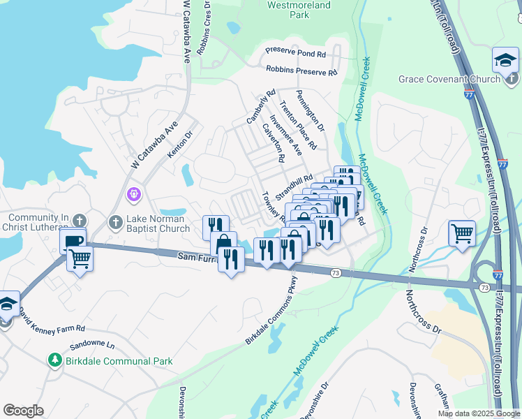 map of restaurants, bars, coffee shops, grocery stores, and more near 8004 Strandhill Road in Huntersville