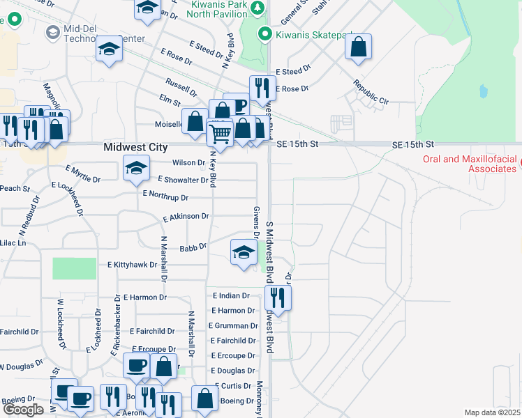 map of restaurants, bars, coffee shops, grocery stores, and more near 1238 Givens Drive in Midwest City
