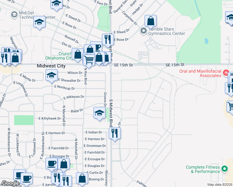map of restaurants, bars, coffee shops, grocery stores, and more near 8410 Southeast 18th Street in Midwest City