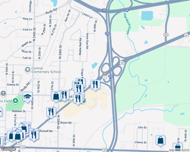 map of restaurants, bars, coffee shops, grocery stores, and more near 3199 Oak Lane in Van Buren