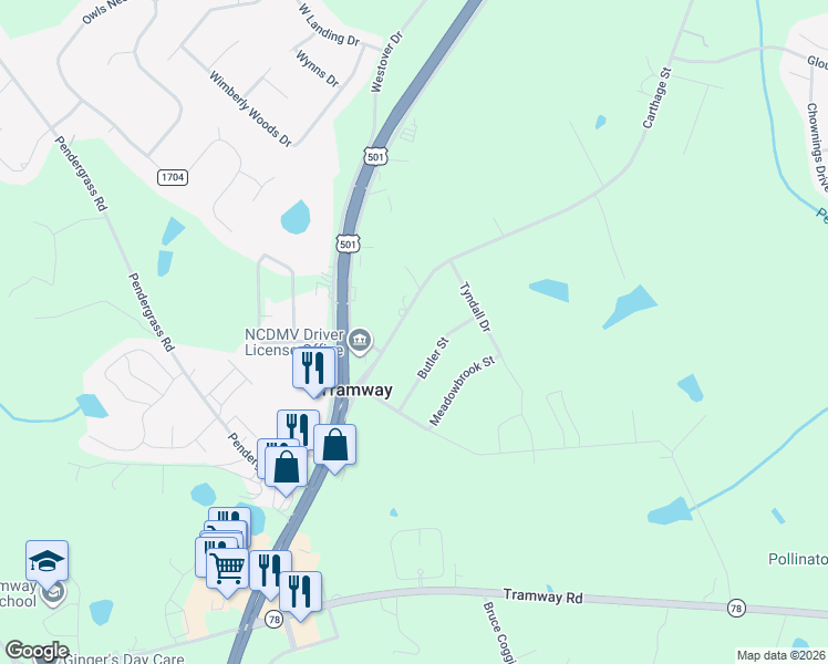 map of restaurants, bars, coffee shops, grocery stores, and more near 2127 Carthage Street in Sanford