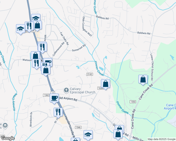 map of restaurants, bars, coffee shops, grocery stores, and more near 7 Sirenas Way in Fletcher