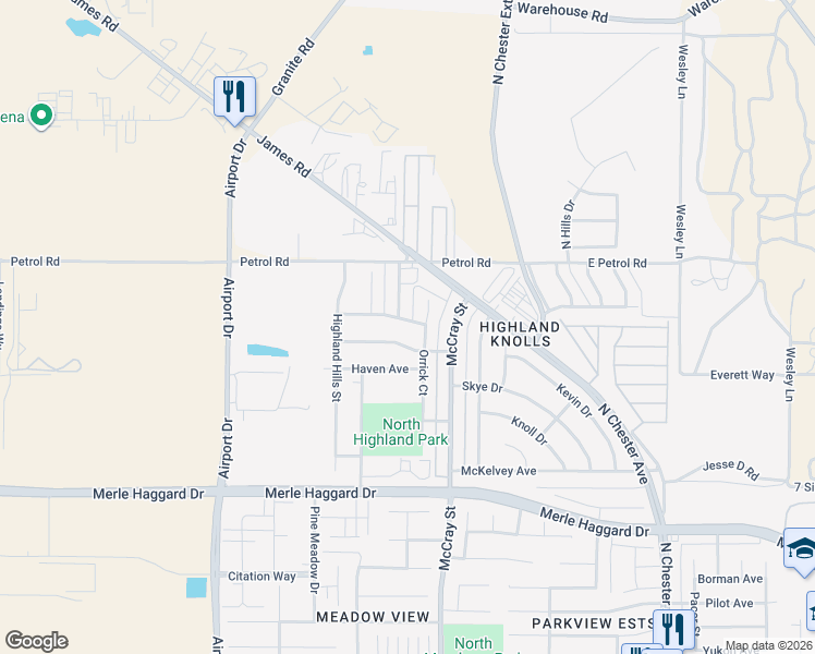 map of restaurants, bars, coffee shops, grocery stores, and more near 913 Mc Ginley Avenue in Bakersfield